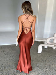 Satin Backless Spaghetti Strap Sleeveless Bodycon Maxi Dress