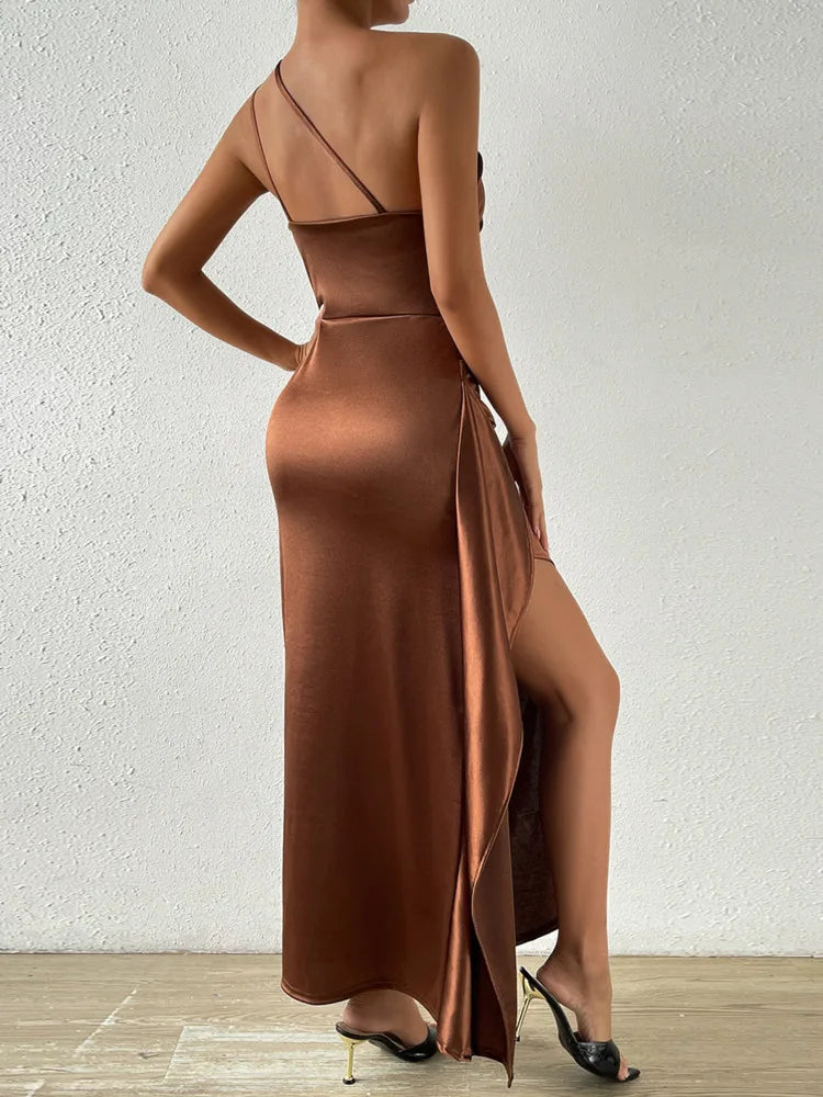 Satin Oblique Shoulder Maxi Dress with Thigh High Split Cut Out Dresses