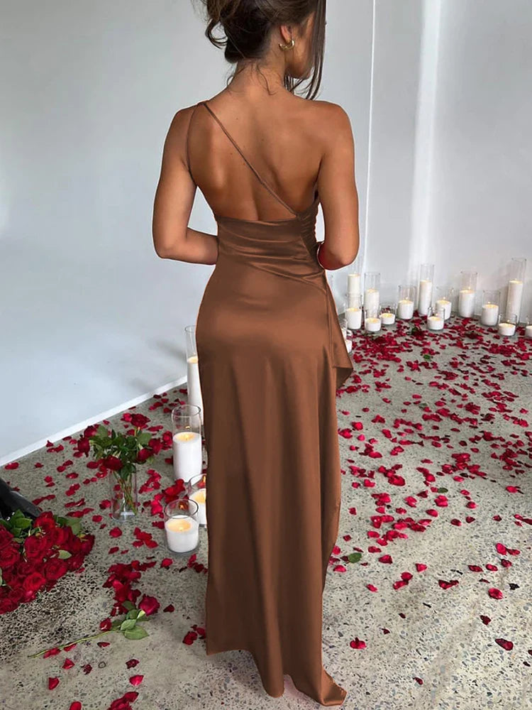 Satin Oblique Shoulder Maxi Dress with Thigh High Split Cut Out Dresses