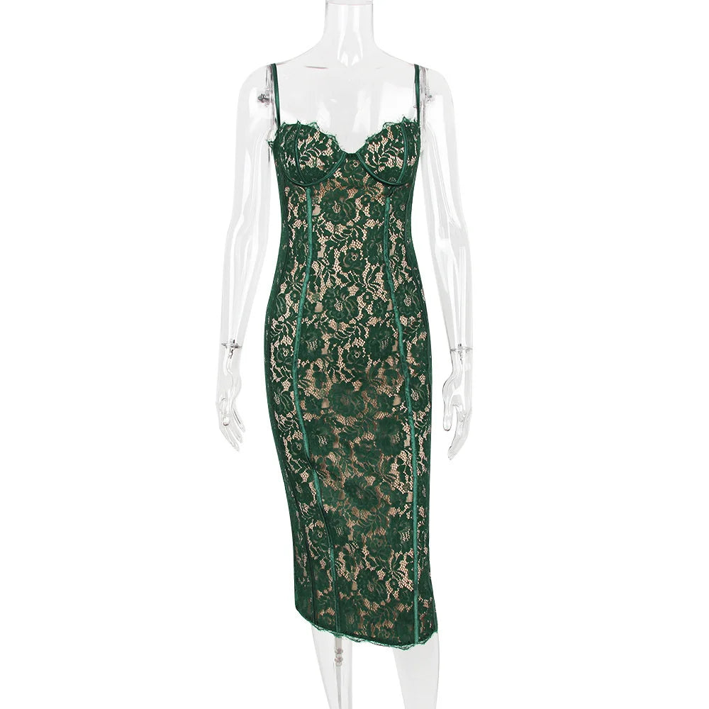 Spaghetti Strap Lace  Green Floral Dress