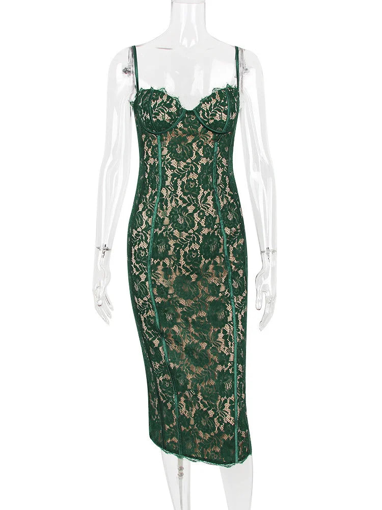 Spaghetti Strap Lace  Green Floral Dress