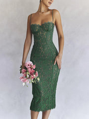 Spaghetti Strap Lace  Green Floral Dress