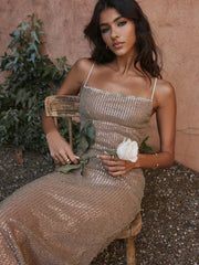 Elegant Glitter Sparkle Spaghetti Strap Sleeveless Maxi Dress