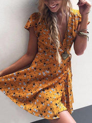 Floral Deep V-neck Mini Dress