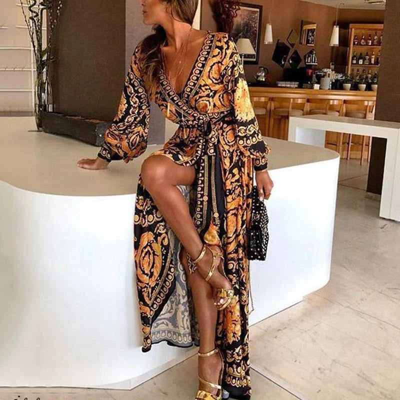 Party Beach Summer Boho Floral Front Split Maxi Dress