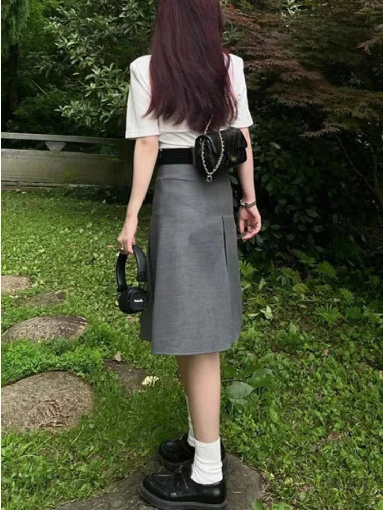 Solid Waist Preppy Style Pleated Street Casual Loose Skirt