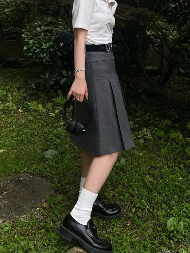 Solid Waist Preppy Style Pleated Street Casual Loose Skirt