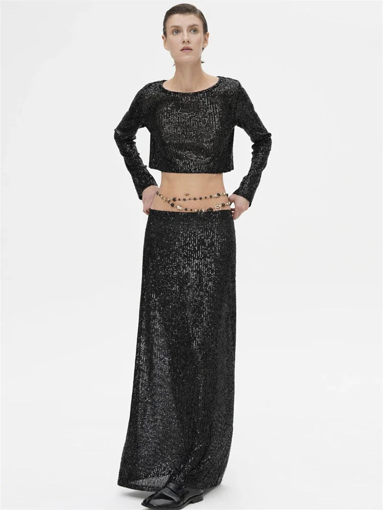 Sequins Loose Crop Maxi Skirt