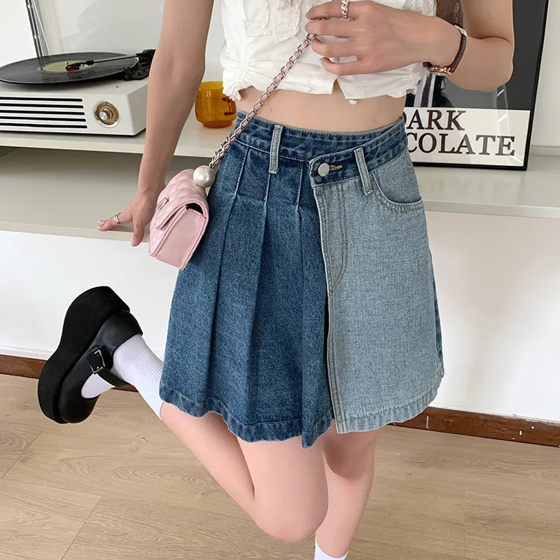 Streetwear Fashion Denim Contrast Color Patchwork A-line Mini Skirt