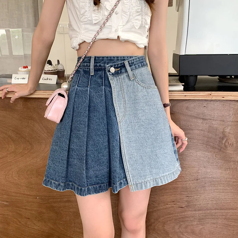 Streetwear Fashion Denim Contrast Color Patchwork A-line Mini Skirt