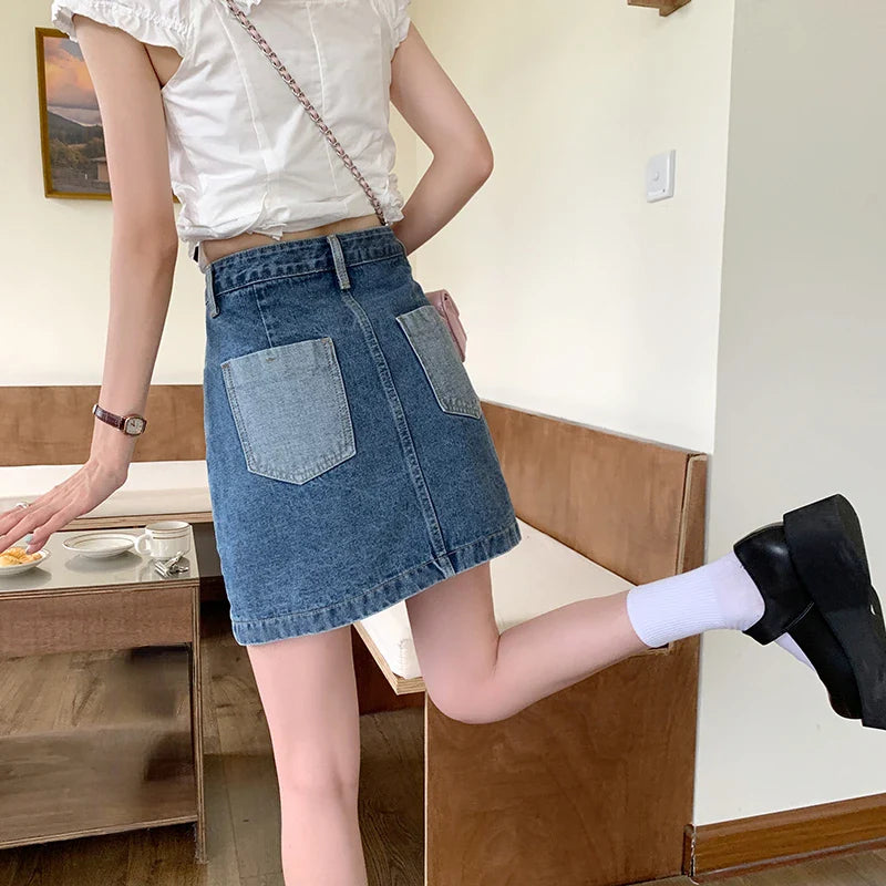 Streetwear Fashion Denim Contrast Color Patchwork A-line Mini Skirt