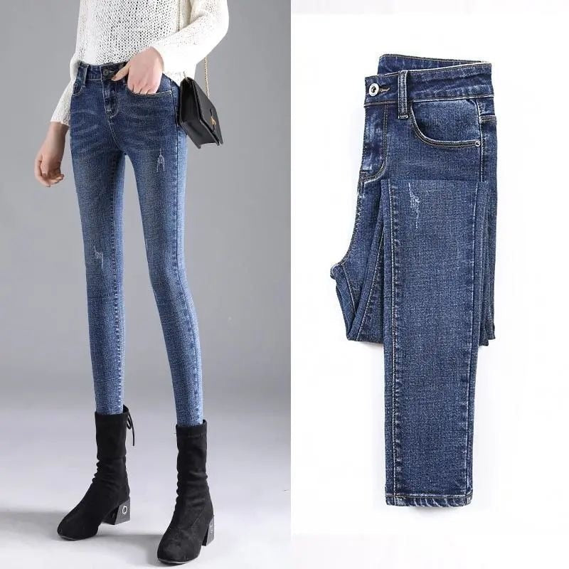 Elastic Pencil Trousers High Waist Ladies Tight Slim Fit Casual Skinny Denim Pants