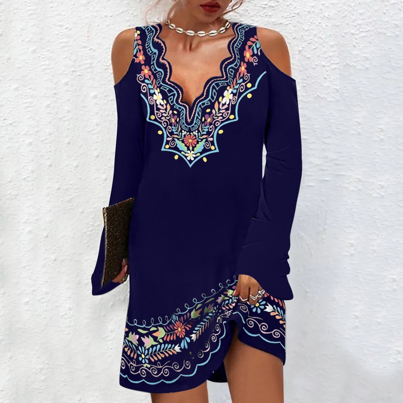 Fashion v neck off shoulder printed long sleeve Shift Dresses