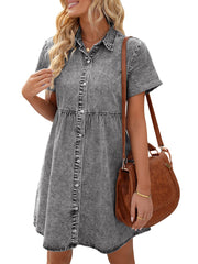 Button Down Belted Pleated Flare A-line Shirt Midi Dress