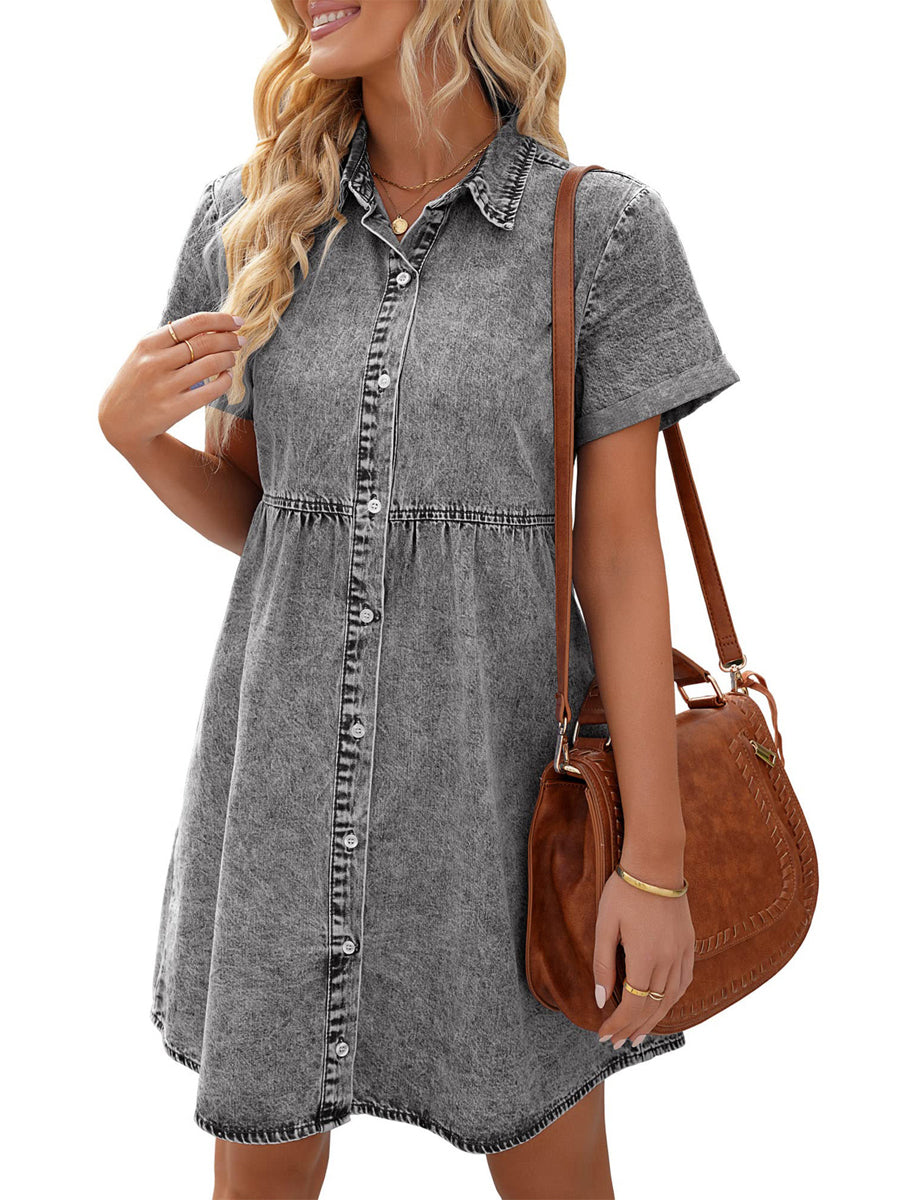 Button Down Belted Pleated Flare A-line Shirt Midi Dress