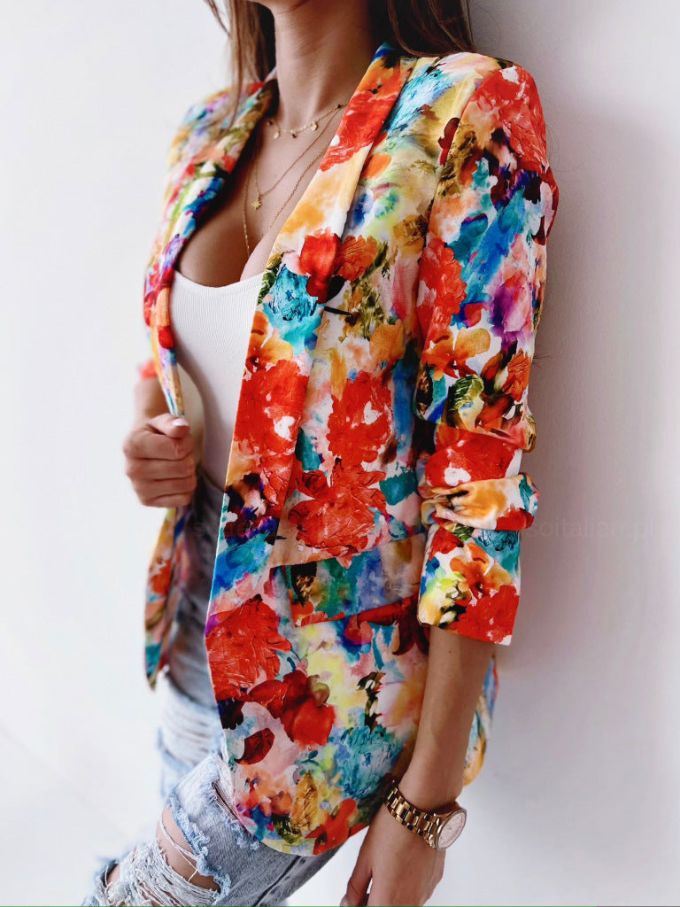 Fashionanble women floral printed big lapel casual coats blazers