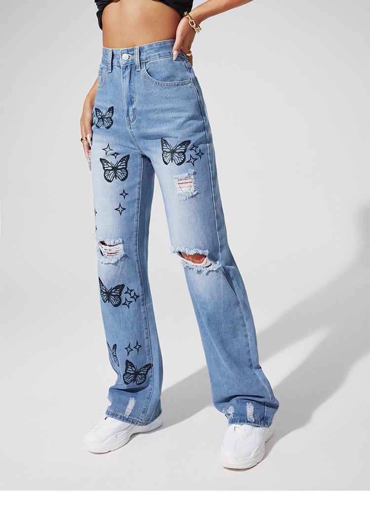 Street Butterfly Printed Jeans