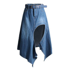 High waist stitching irregular denim skirt