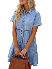 Button Down Belted Pleated Flare A-line Shirt Midi Dress