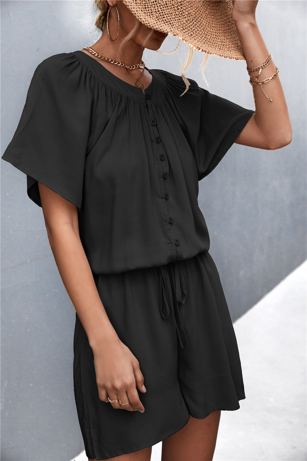 Stylish women round neck plain short sleeve jumpsuits