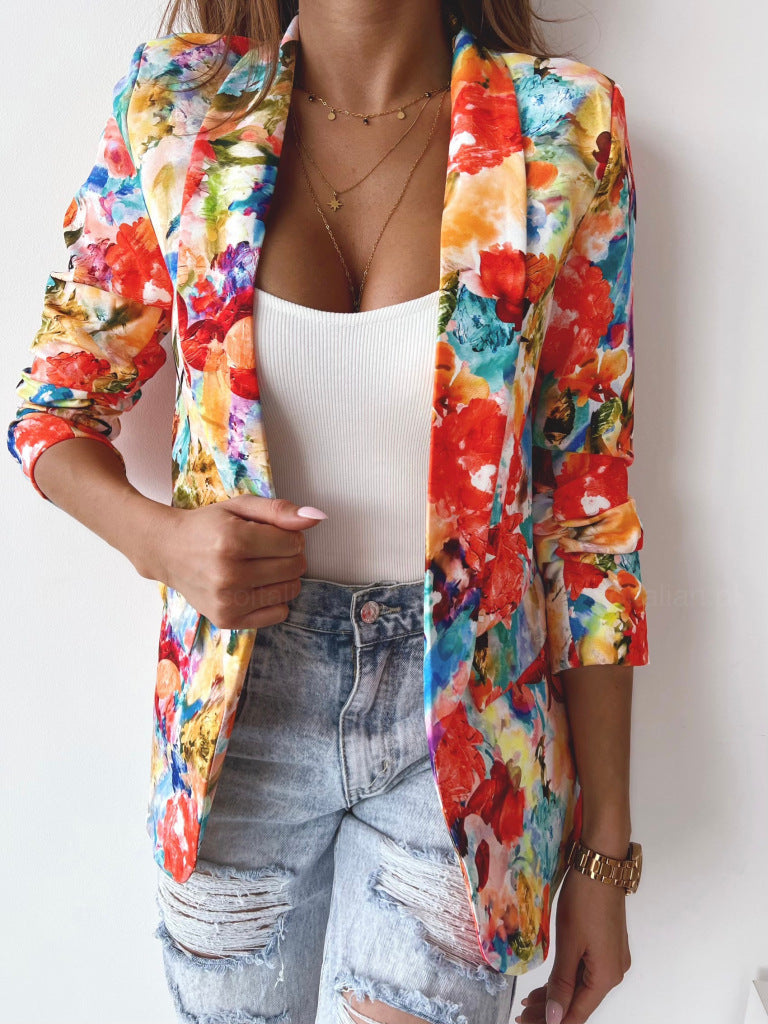 Fashionanble women floral printed big lapel casual coats blazers