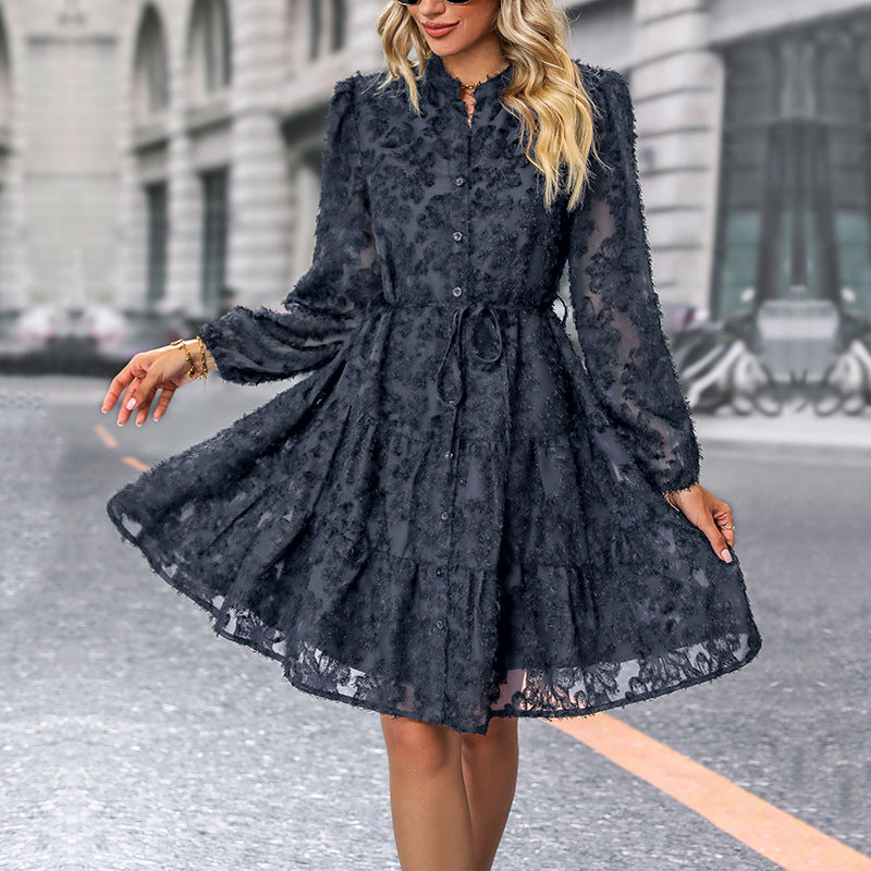 Fashion Pure Round neck  Falbala Long sleeve Skater Dresses