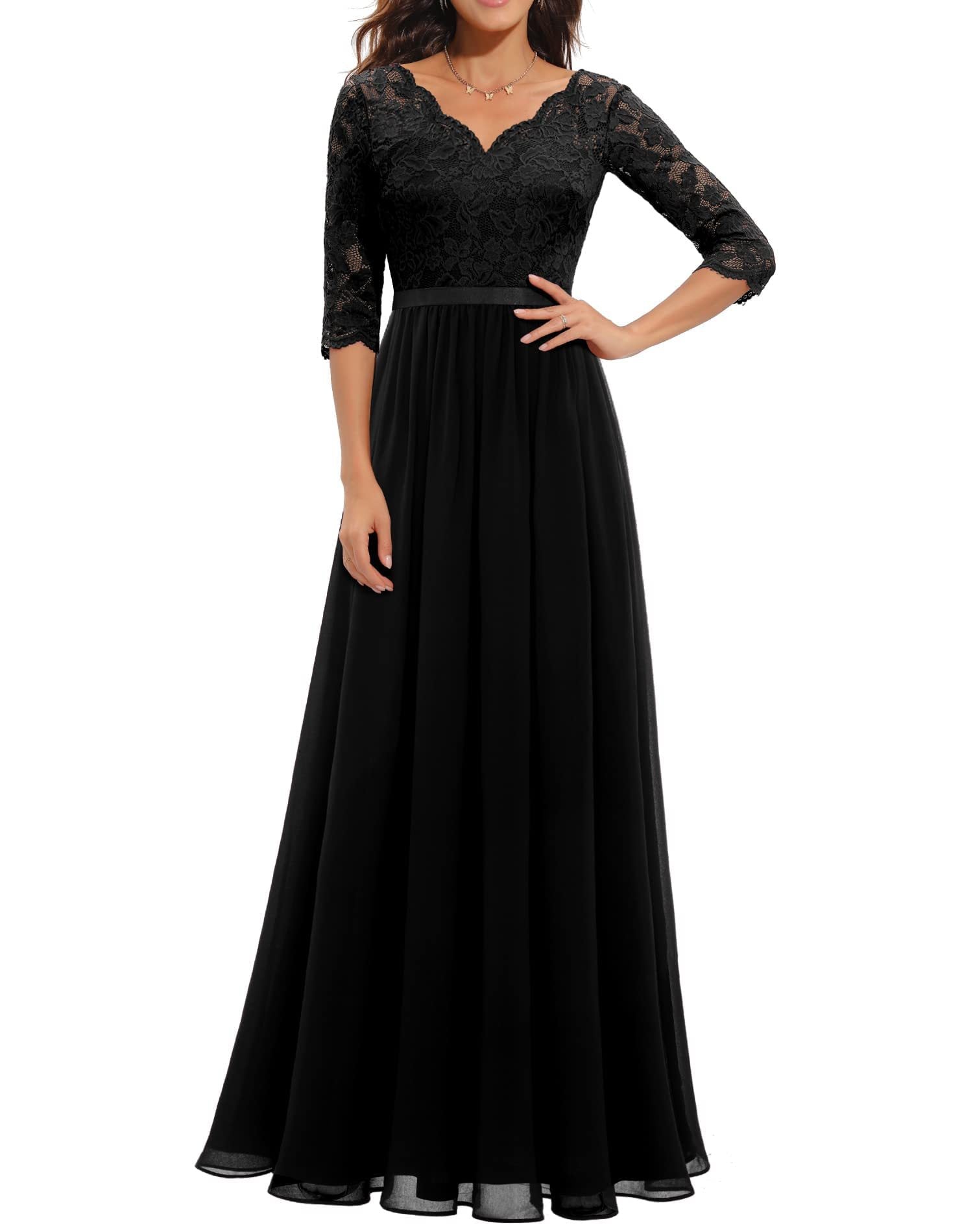 Elegant Lace Half Sleeve Round Neck Long Evening Dresses