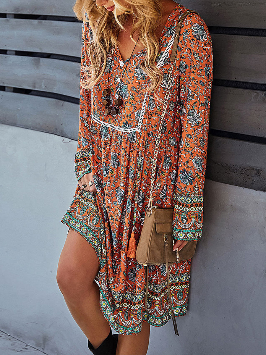 Bohemian Print V-Neck Knee Length Midi Dress