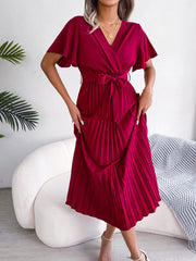 Cross V-Neck Pleated Dress
