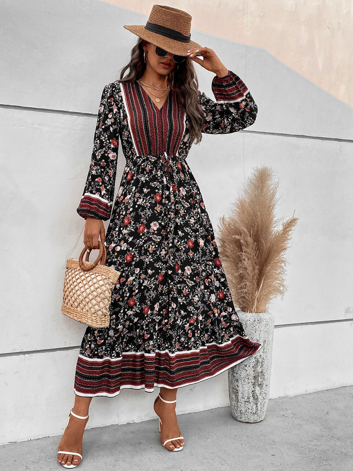 Puff Sleeves Print Split Dress
