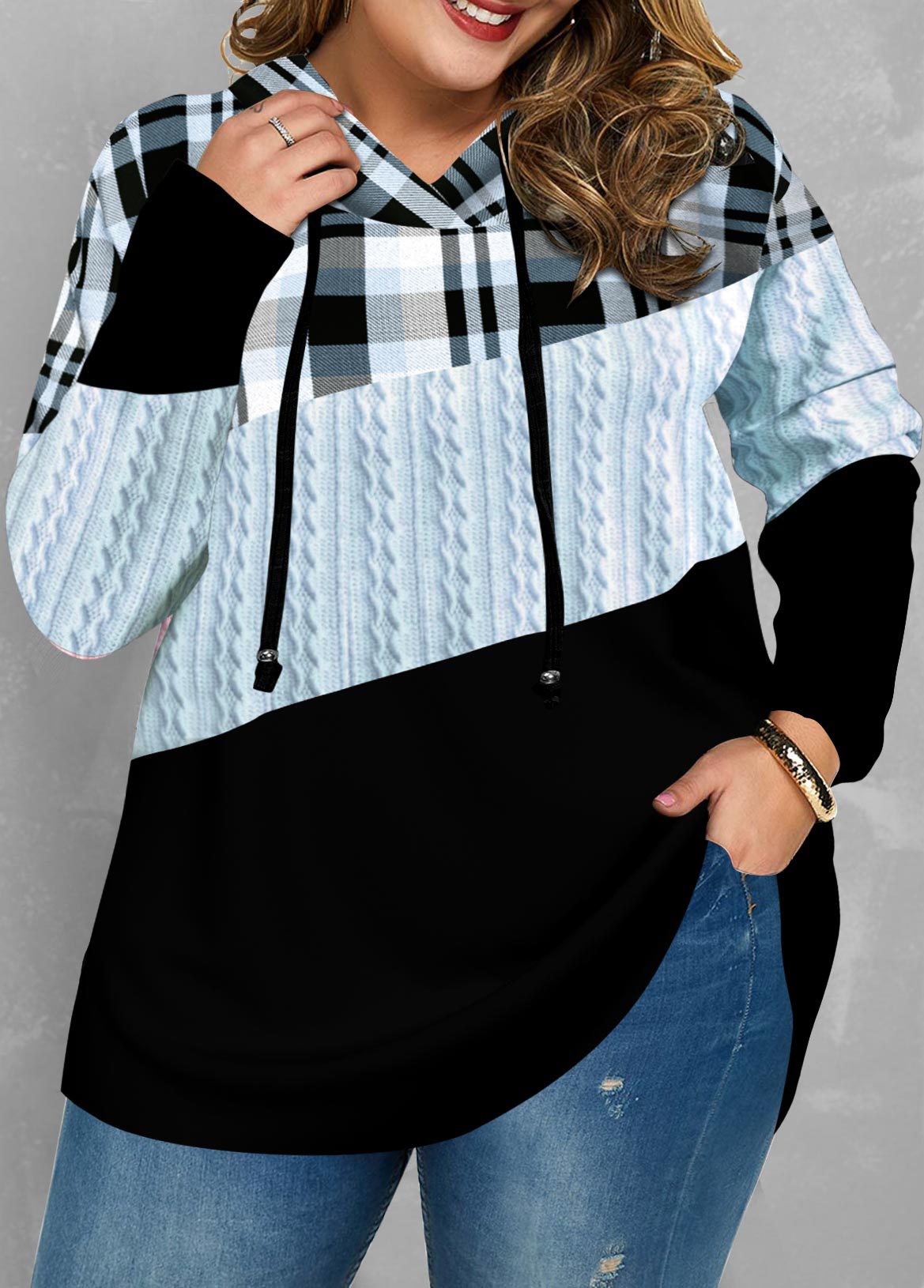 Hooded Grid Woman Long Sleeve Hoodies