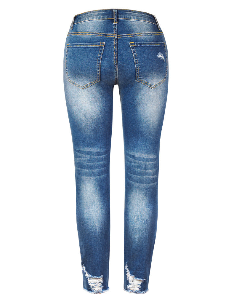 Stylish hole long denim pants jeans