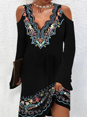Fashion v neck off shoulder printed long sleeve Shift Dresses