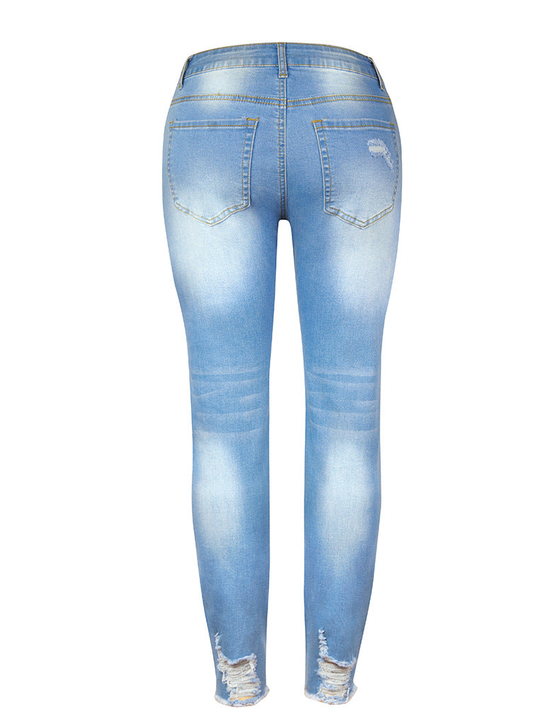 Stylish hole long denim pants jeans