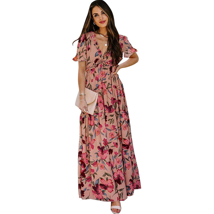 Floral V-Neck Short Flounce Sleeve Dress