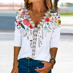 Loose and comfortable casual lace V-neck printed women's T-shirts
