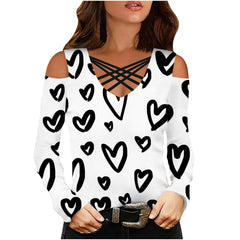 Flower Printed V Neck Cross Strap Off Shoulder Long Sleeve T-shirts Tops