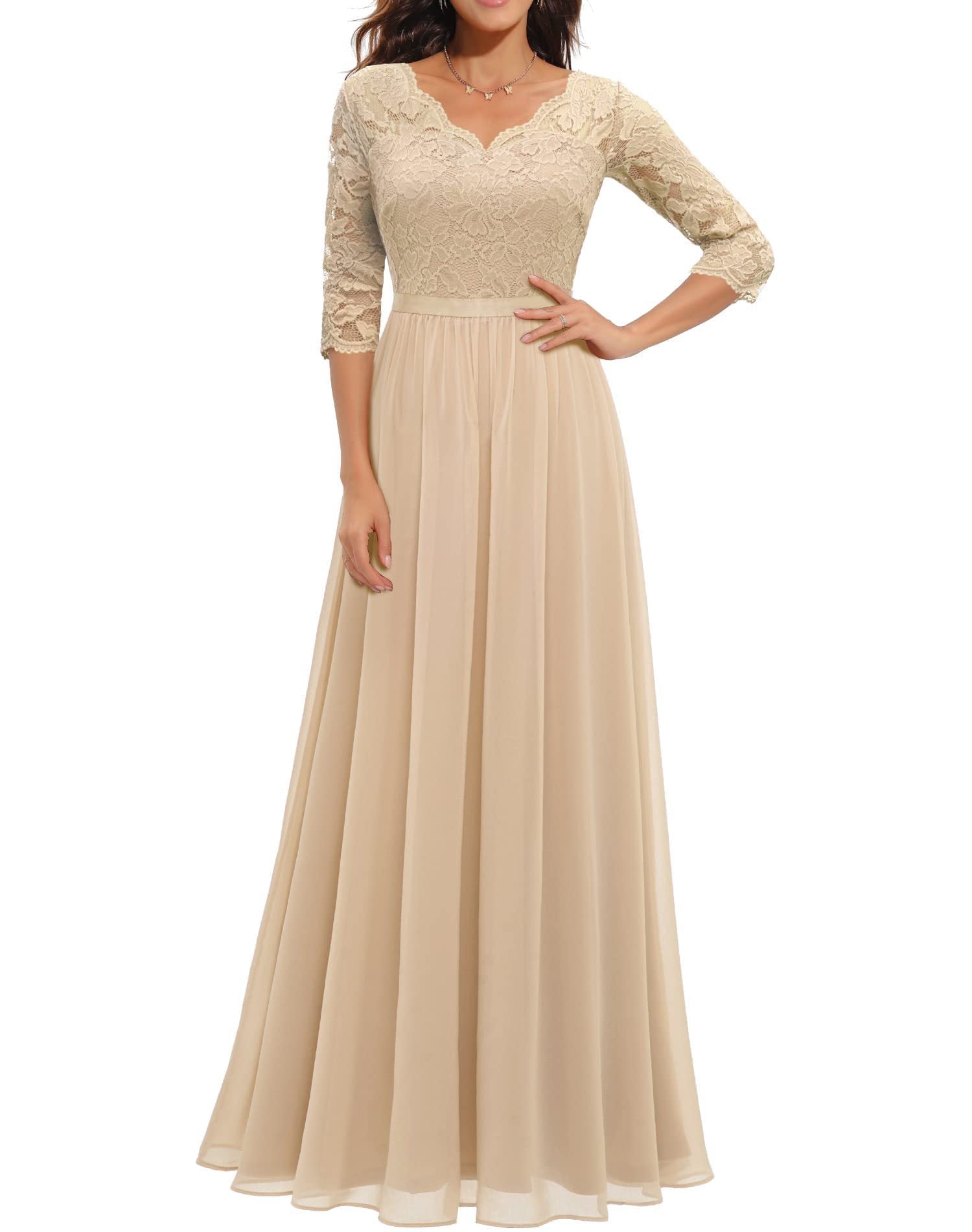 Elegant Lace Half Sleeve Round Neck Long Evening Dresses