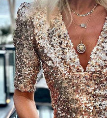 Fashion Sequin V neck Half sleeve T-Shirts