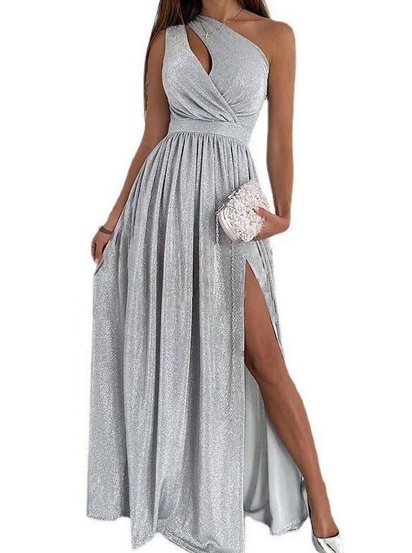 Fashionable one off shoulder glittering sexy hollow slit evening dresses