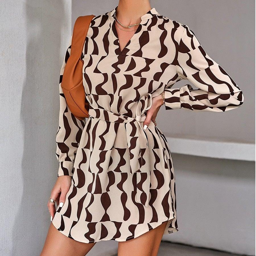 Digital Printed V-neck Tie High Waist Dress