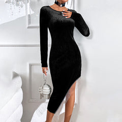 Velvet Asymmetrical Tassel Dress