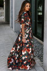 Floral V-Neck Short Flounce Sleeve Dress