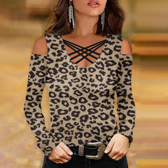 Flower Printed V Neck Cross Strap Off Shoulder Long Sleeve T-shirts Tops