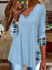 Stylish chic v neck long sleeve button hem T-shirts