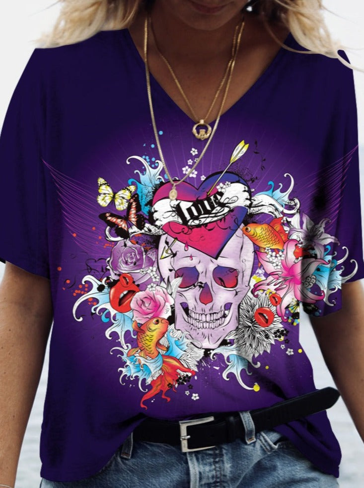 Summer Fashion Skull Printed V neck Short Sleeve T-shirts