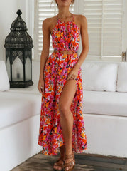 Temperament Elegant Hanging Collar printed maxi dresses