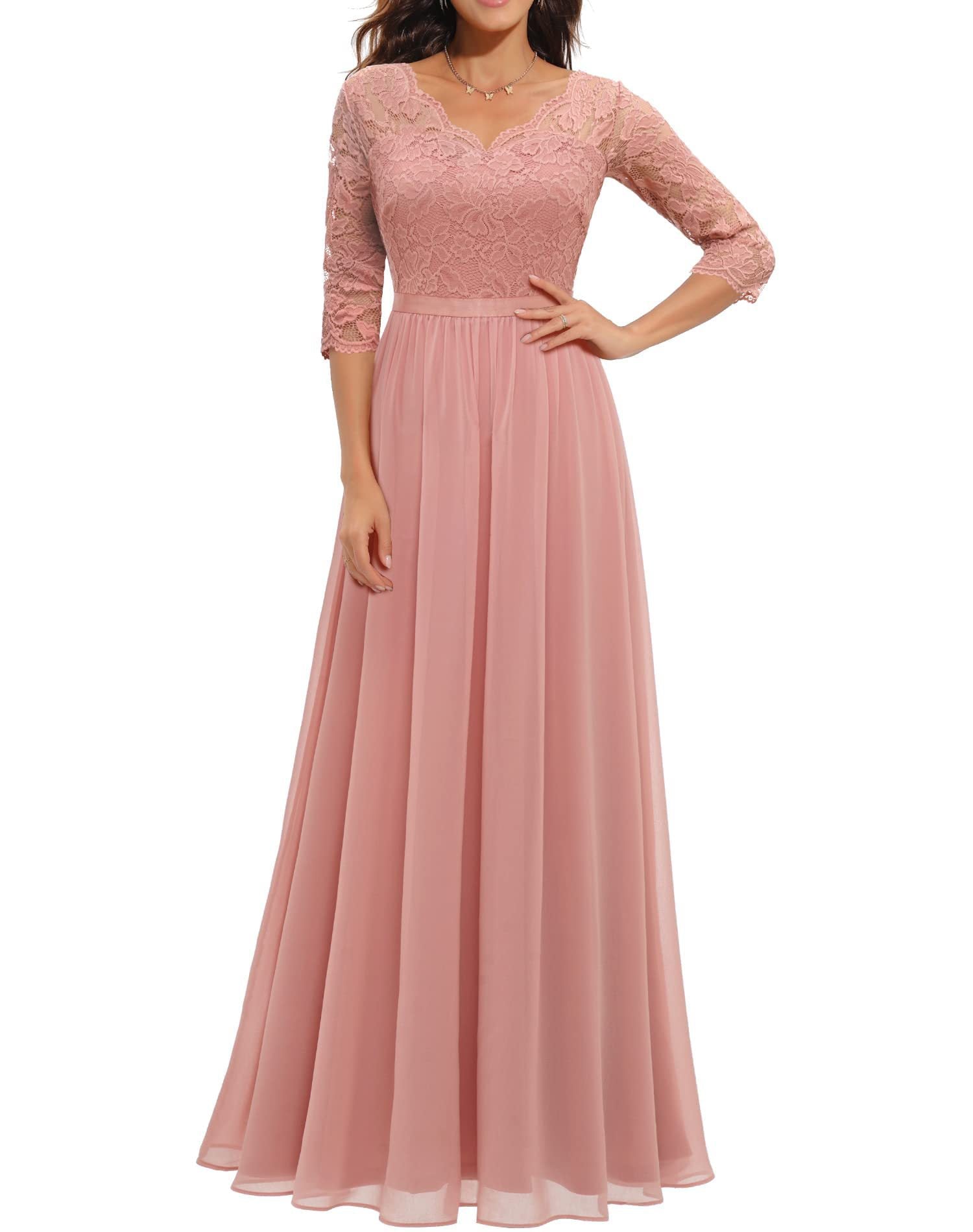 Elegant Lace Half Sleeve Round Neck Long Evening Dresses