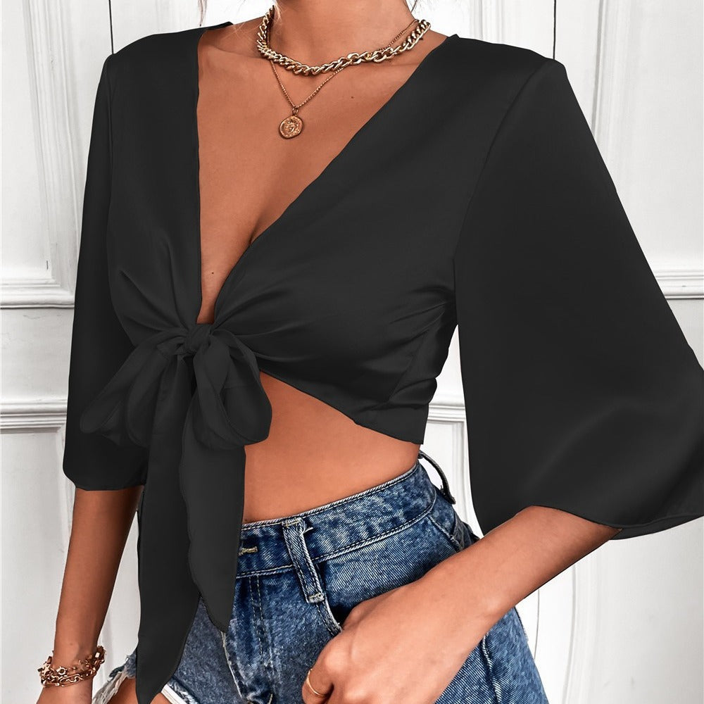 Sexy Pure V neck Three quarter sleeve Bowknot Blouses