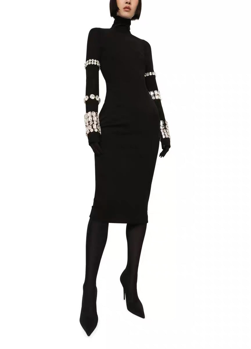 Diamond black high collar long sleeve tight dress